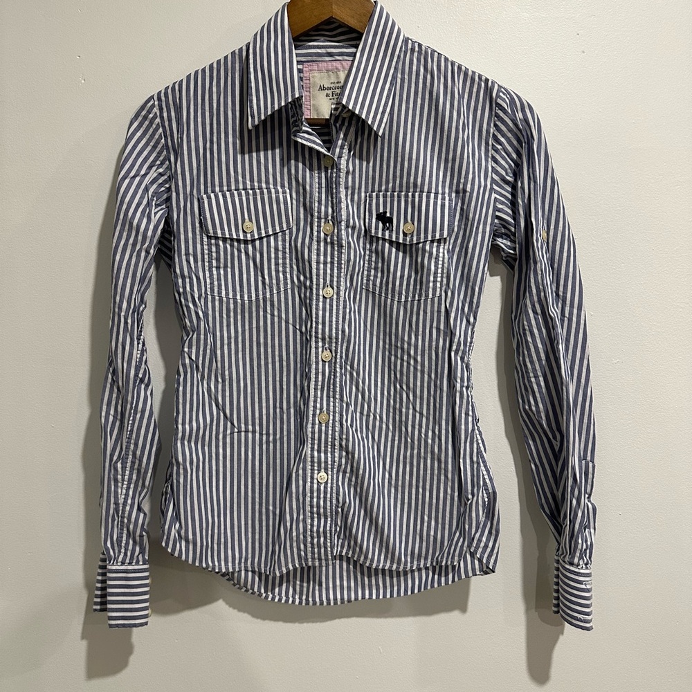 ABERCROMBIE‎ & FITCH Vintage Y2K Blue & White Strip Fitted Button Down Size M